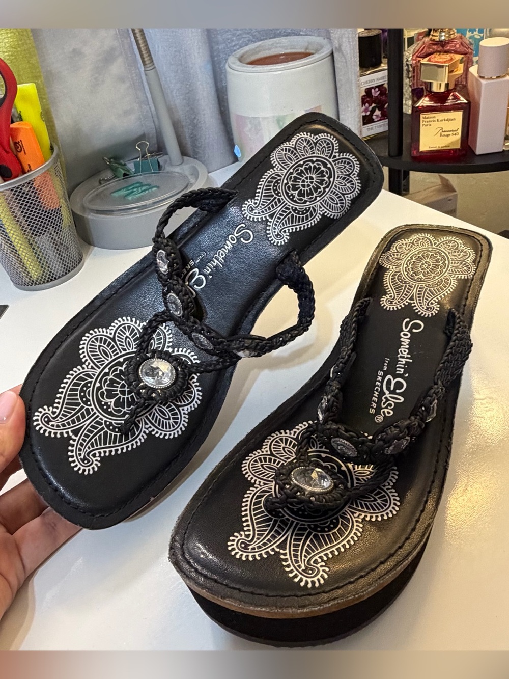 Skechers Black Braided Rhinestone Flower Platform Sandals